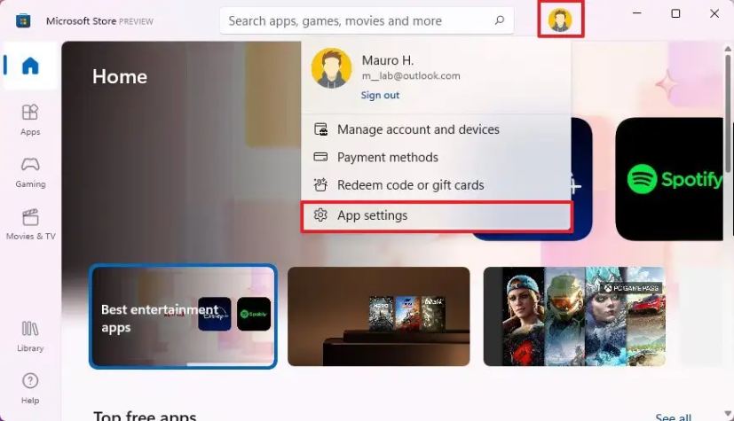 Paramètres de l'application Microsoft Store