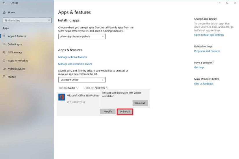 Désinstallez Office à l'aide de l'application Paramètres sous Windows 10