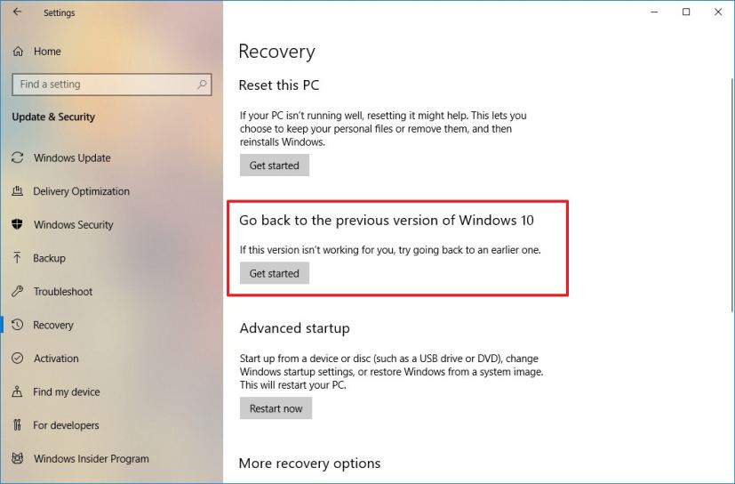 Options de récupération de Windows 10 version 1809