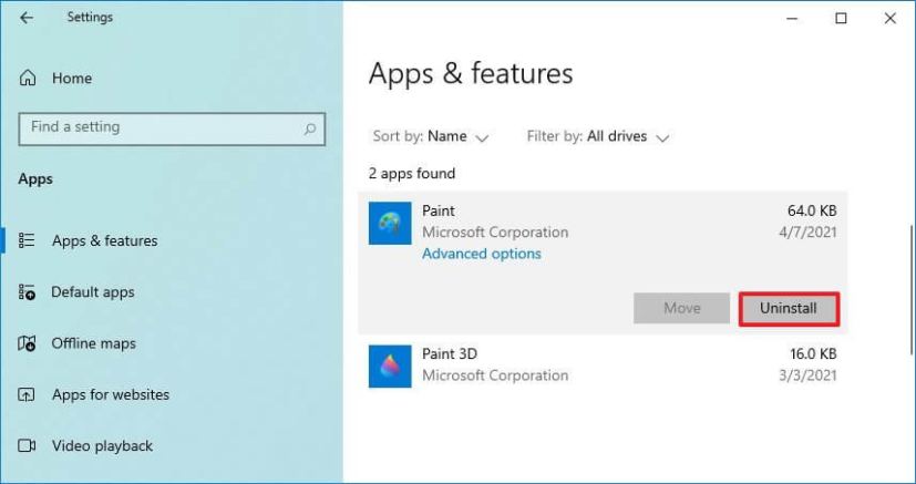 Windows 10 21H2 désinstaller Paint