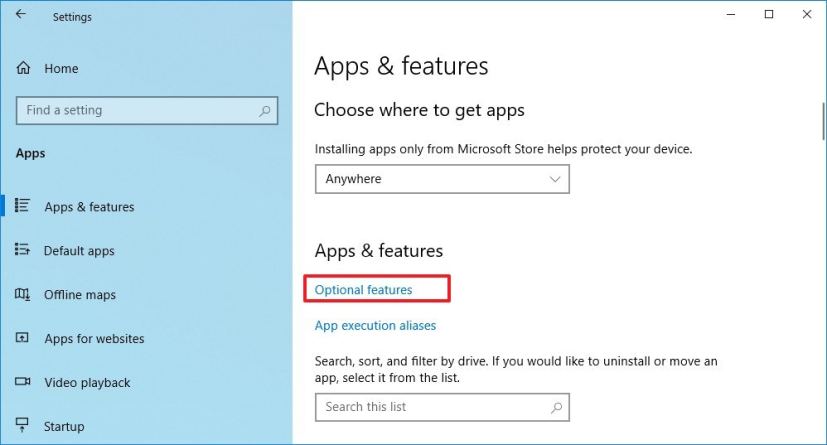 Paramètres des applications et des fonctionnalités, option Fonctionnalités facultatives