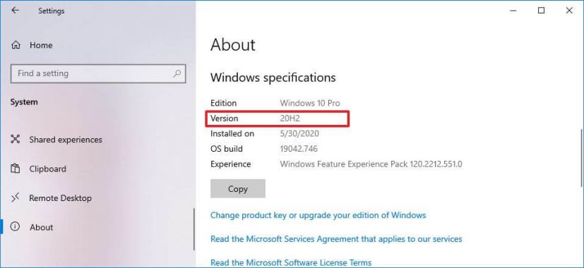 Paramètres À propos de vérifier le numéro de version de Windows 10