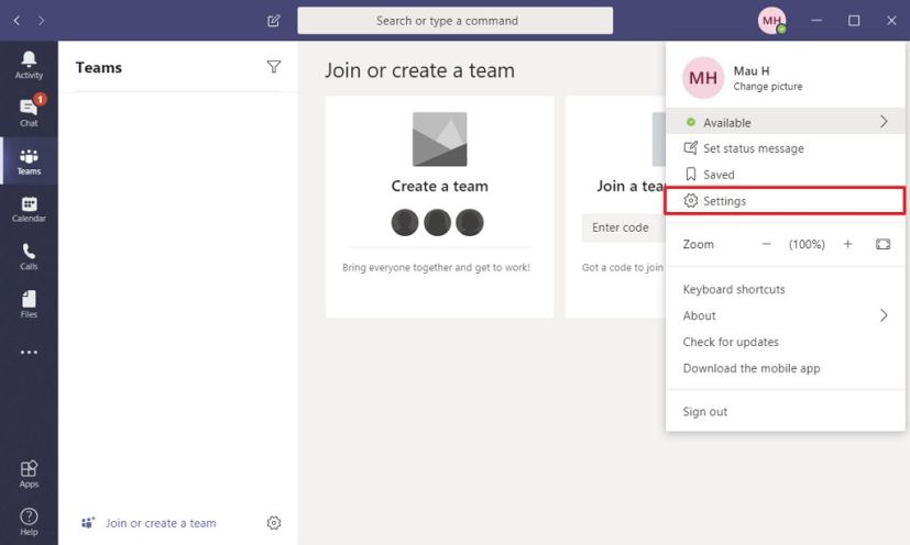 Menu principal de Microsoft Teams