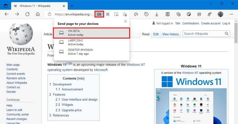 Option de page d'envoi de Microsoft Edge