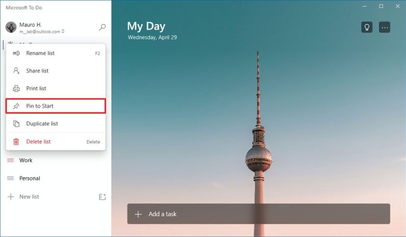Épingler Microsoft To Do dans le menu Démarrer