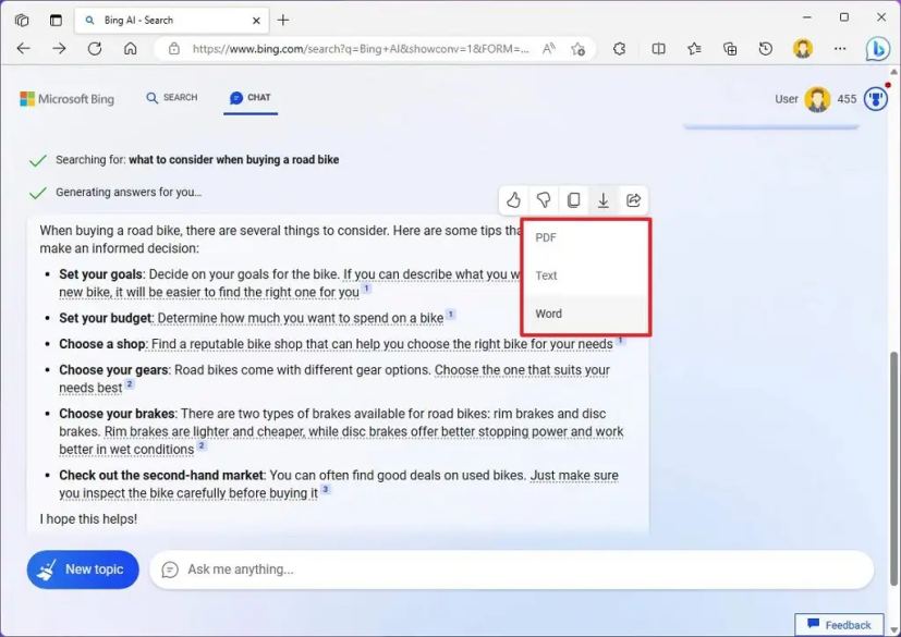 Exportation de Bing Chat au format PDF, texte et Word
