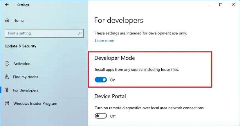 Windows 10 active le mode développeur 