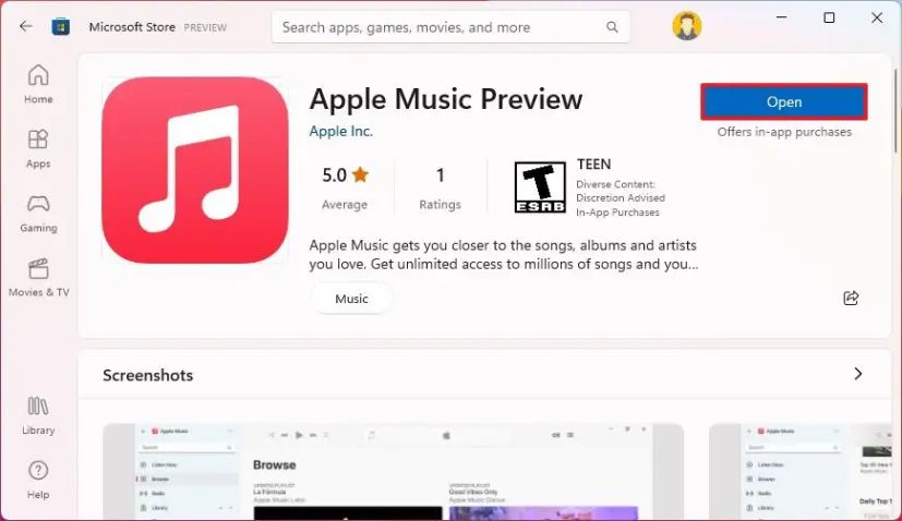 Application Apple Music dans le Microsoft Store