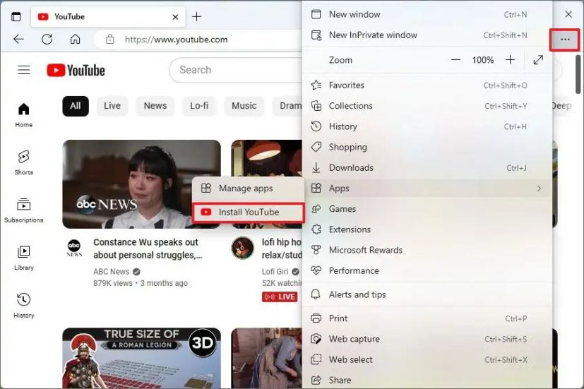 Microsoft Edge installe l'application YouTube