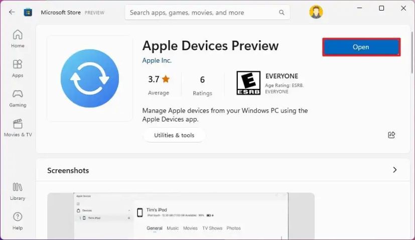 Windows 11 installe l'application Appareils Apple