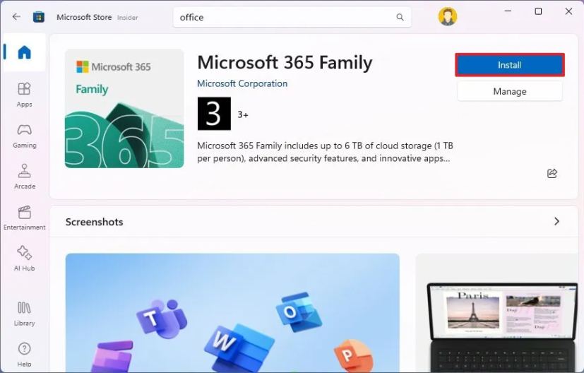 Installation de Microsoft Office 365 à partir du Store
