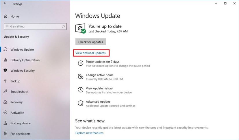 Paramètres Windows Update avec lien Mises à jour facultatives