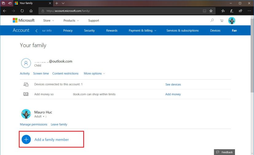 Compte Microsoft ajouter un membre de la famille