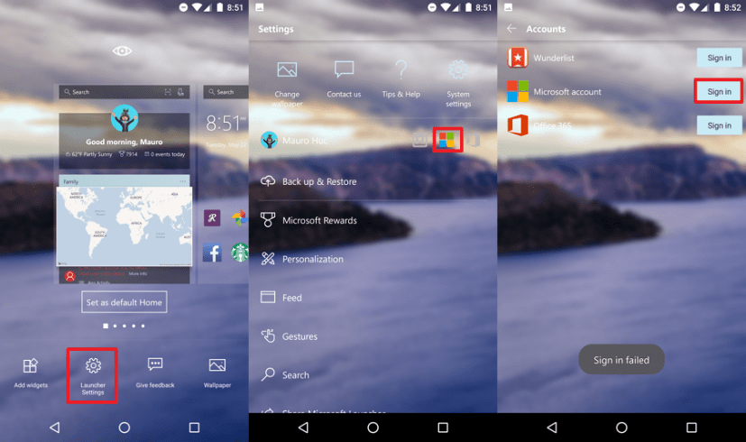 Options de connexion à Microsoft Launcher