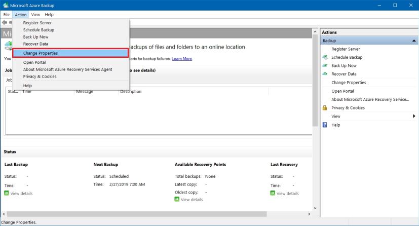 Console de sauvegarde Microsoft Azure, menu Action