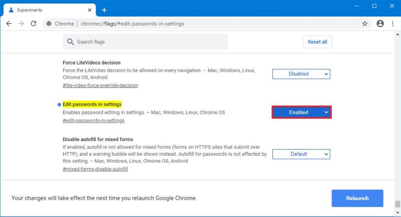 Chrome active la modification des mots de passe