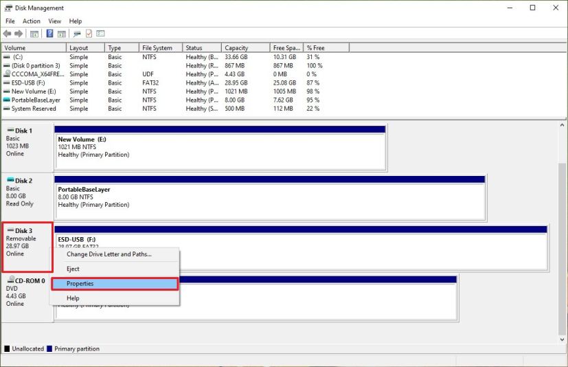 Paramètres de la clé USB dans la gestion des disques