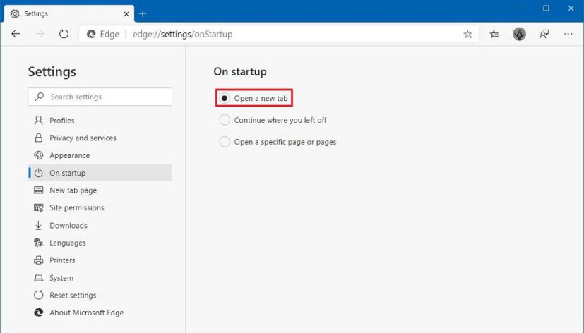 Option de nouvel onglet de démarrage de Microsoft Edge