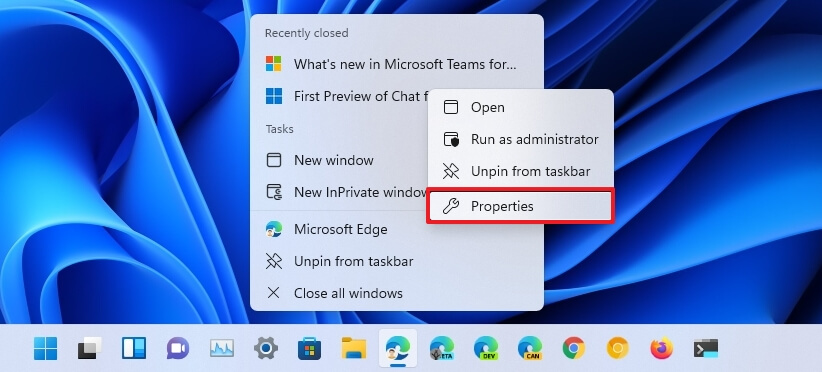 Menu contextuel de la barre des tâches Microsoft Edge