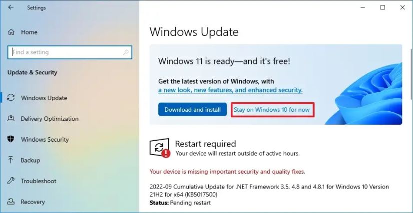 Ignorer Windows 11, installer 10 22H2