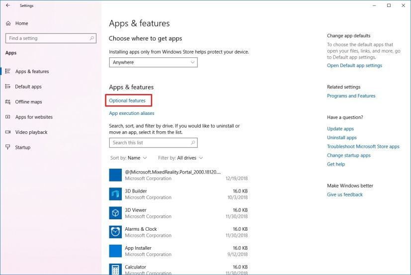 Paramètres des applications et des fonctionnalités avec fonctionnalités facultatives