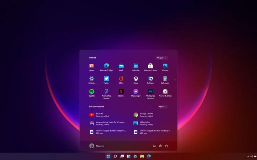 Menu Démarrer et barre des tâches de Windows 11