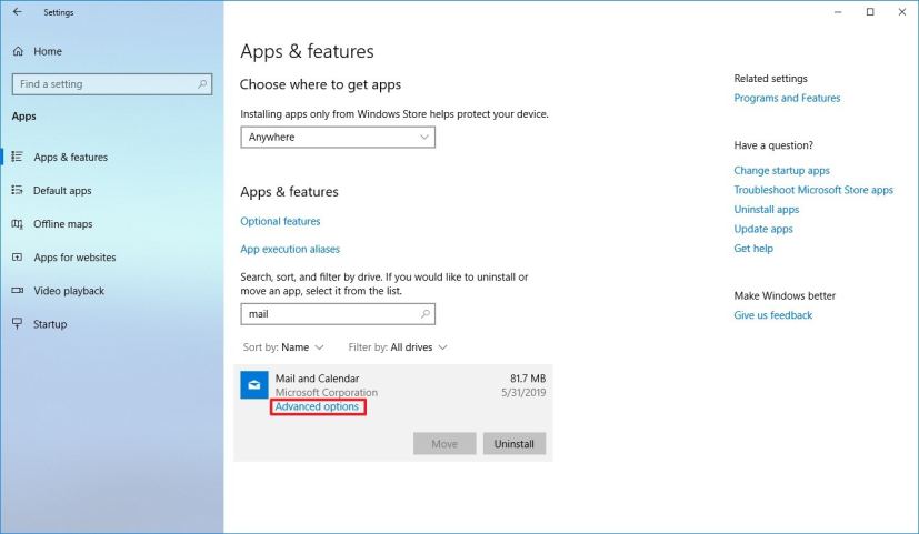 Paramètres des applications et fonctionnalités de Windows 10