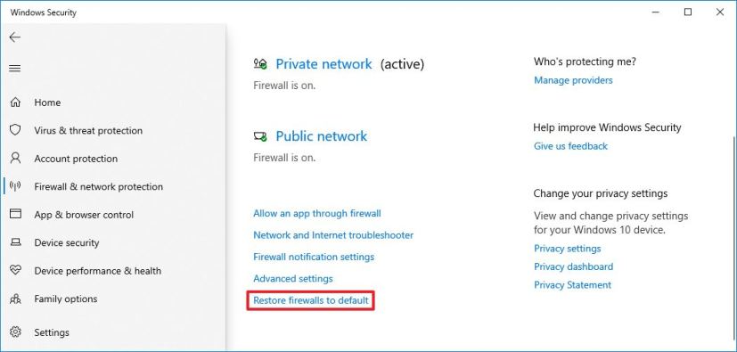 Option par défaut de réinitialisation du pare-feu de sécurité Windows