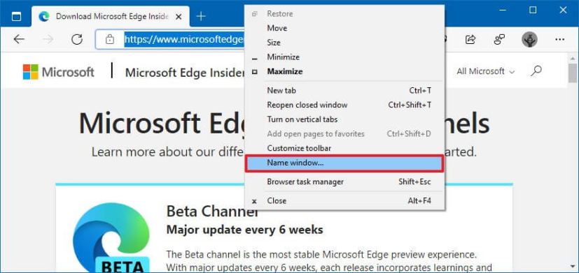 Fenêtre de nom Microsoft Edge