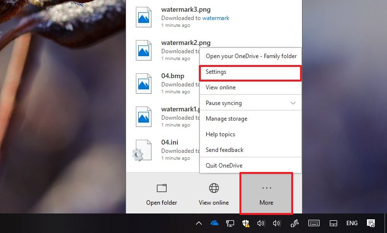 Menu des paramètres OneDrive sous Windows 10