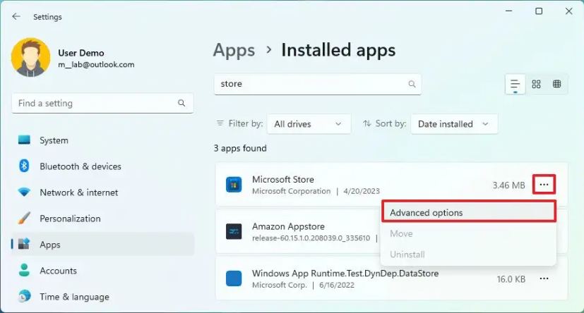 Options avancées de l'application Store