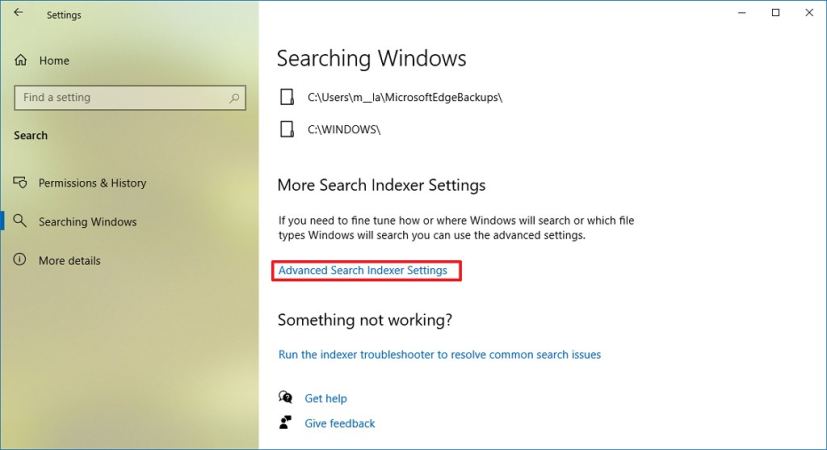 Recherche de l'option d'indexation de la recherche Windows