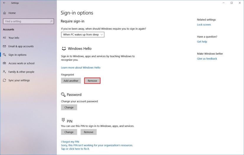 Supprimer l'empreinte digitale de Windows Hello