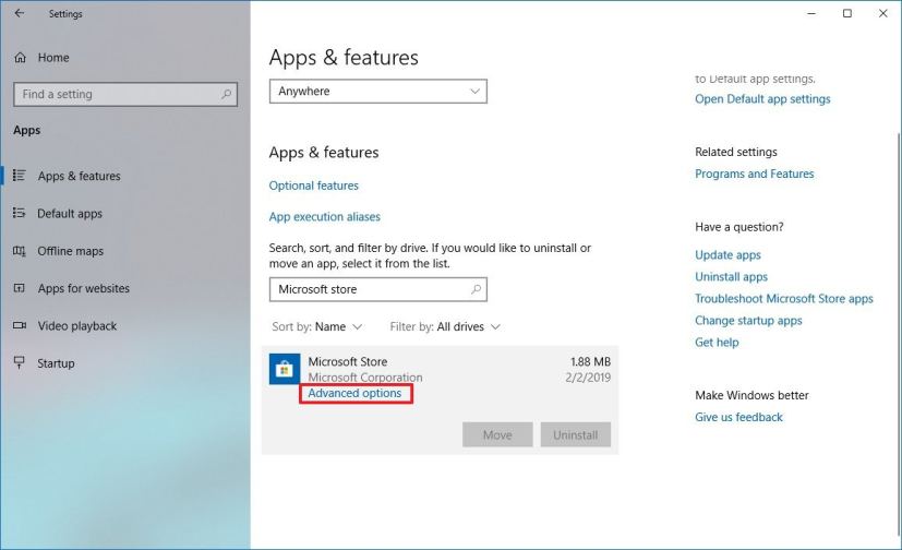 Options avancées de l’application Microsoft Store