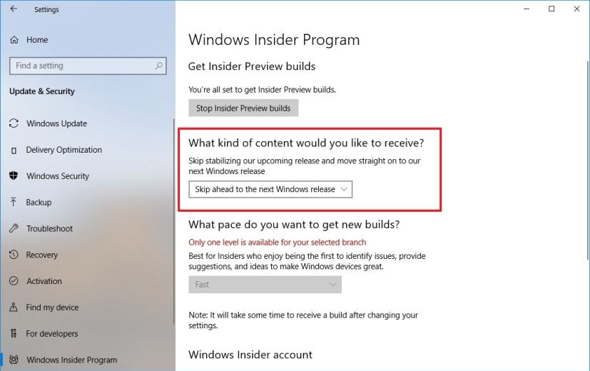 Paramètres du programme Windows Insider avec l'option Ignorer