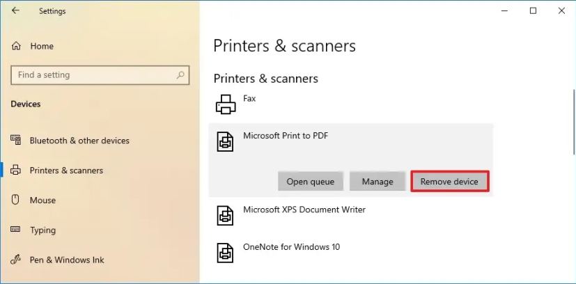 Les paramètres de Windows 10 suppriment l'imprimante