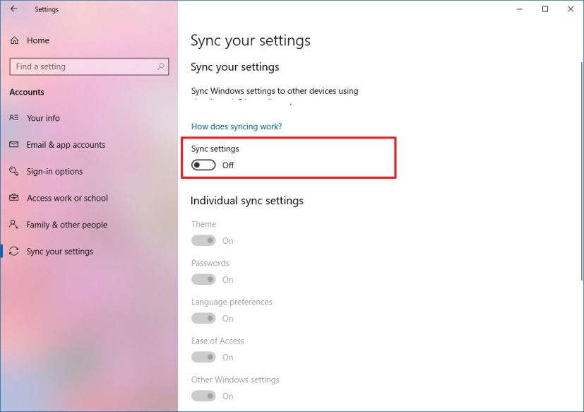 Windows 10 avec les paramètres de synchronisation désactivés