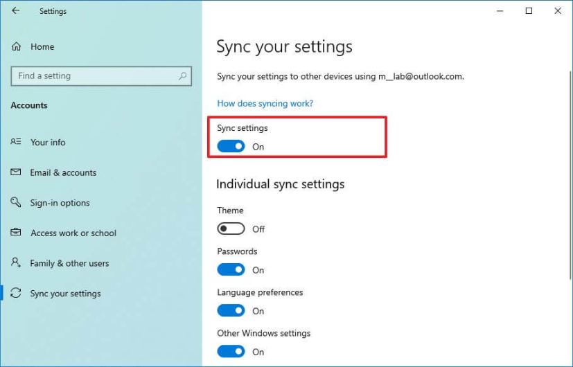 Activer les paramètres de synchronisation sur Windows 10
