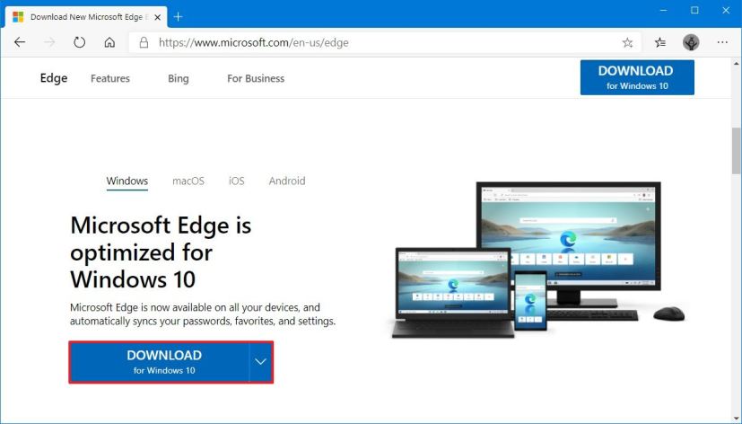 Page de téléchargement de la nouvelle version de Microsoft Edge