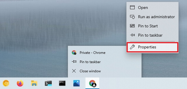 Option de propriétés de l'icône Google Chrome