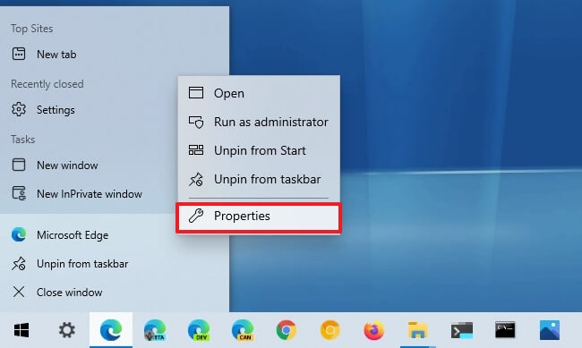 Option des propriétés de l'application Microsoft Edge