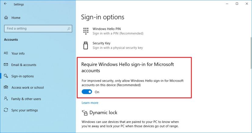 Windows 10 Exiger la connexion à Windows Hello pour l'option des comptes Microsoft