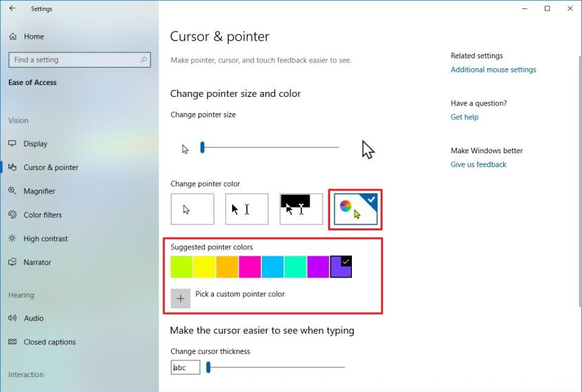 Paramètres de couleur du pointeur de la souris sous Windows 10 version 1903