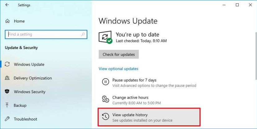 Afficher l'option d'historique des mises à jour sur Windows 10