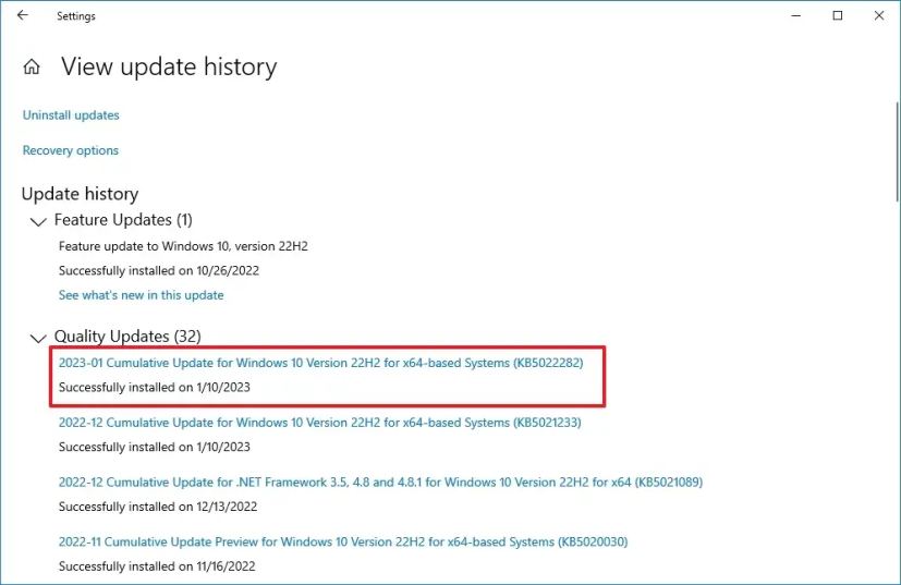 Historique des mises à jour Windows dans l'application Paramètres