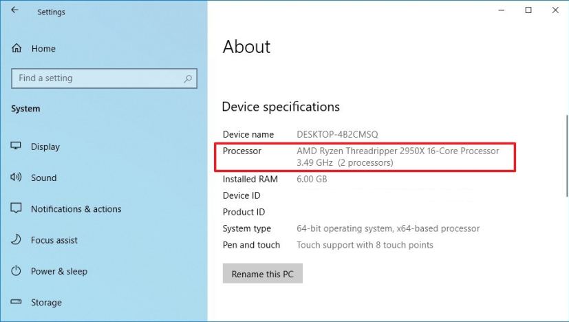 Windows 10 À propos des paramètres du processeur