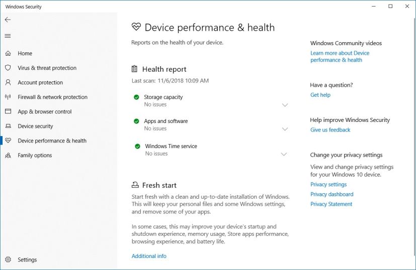 Section Performances et santé du périphérique de sécurité Windows