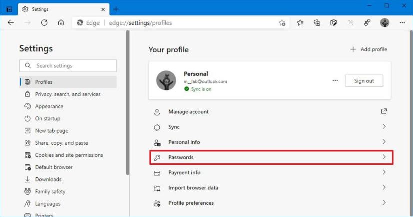 Paramètres du profil Microsoft Edge