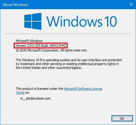 Vérifiez Windows 10 21H1 avec Winver