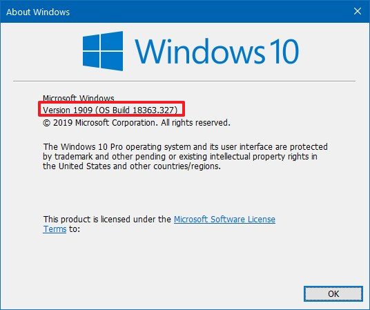 Vérifiez Windows 10 version 1909 à l'aide de la commande winver